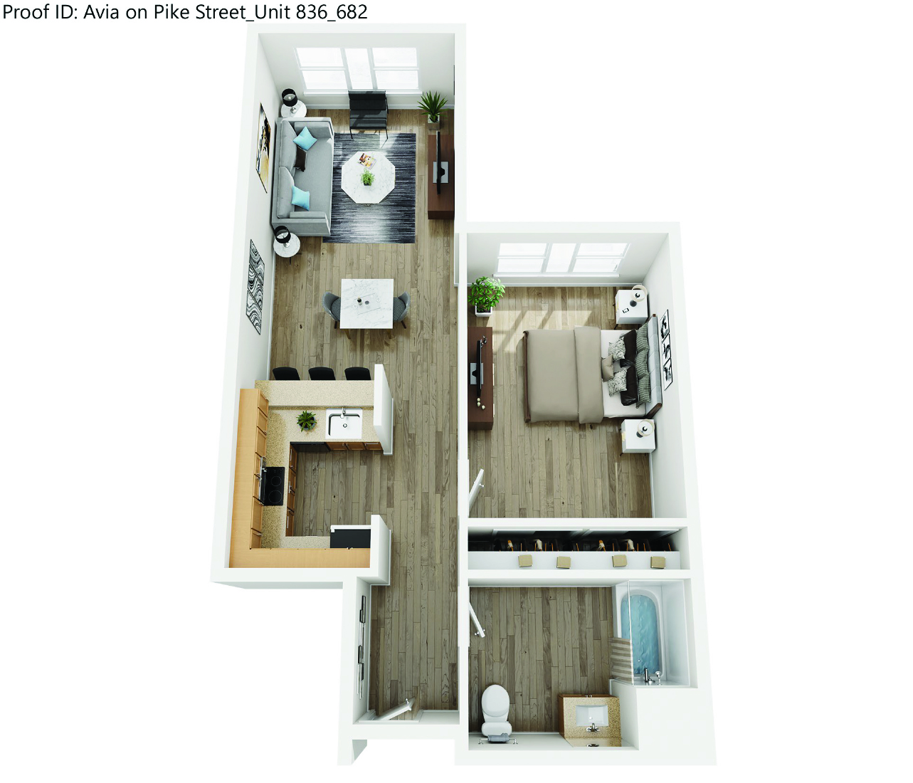 Floor plan for 1 bed, 1 bath, 829 sqft